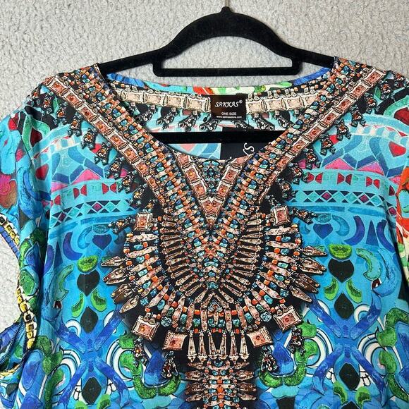 Sakkas Cover Up Womens OS Blue Multi Color V Neck Beach Dress Rhinestones NEW - Picture 3 of 9